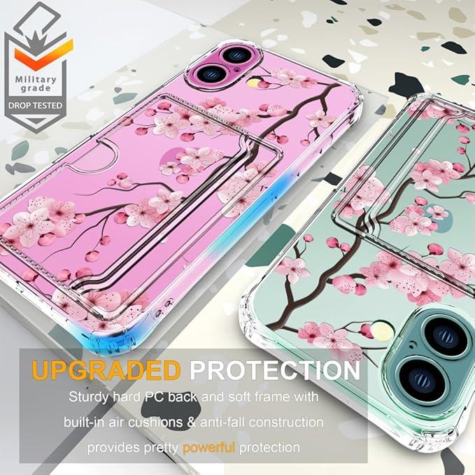 Compatible with iPhone 16 Case Card Holder for Women Cute Design,Wallet Phone Cases Transparent Cool Kawaii Protective (Clear Sakura Peach Cherry)