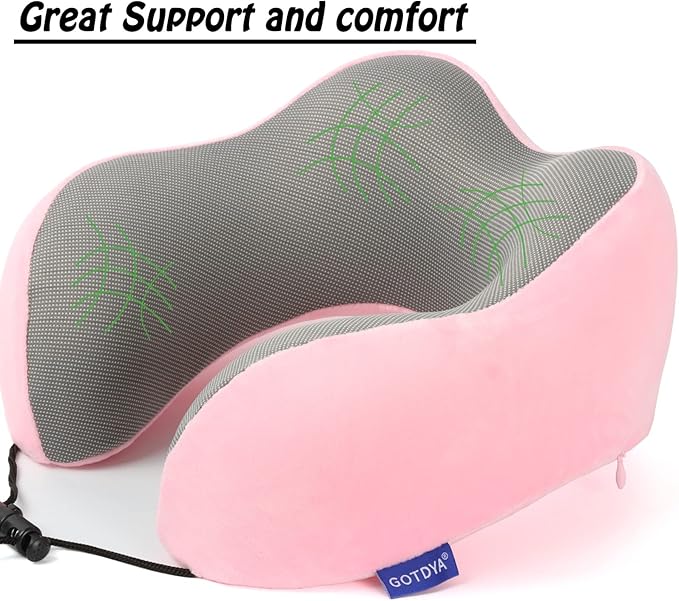 Travel Pillow,Travel Neck Pillows for Sleeping,100% Pure Memory Foam Soft Comfort & Support Pillow for Airplane/Car/Office&Home Rest Use-Pink