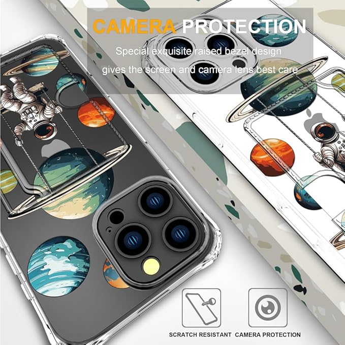Compatible with iPhone 16 Pro Max Case Card Holder for Women Cute Design,Wallet Phone Cases Transparent Cool Kawaii Protective (Clear Astronaut Space Planets)