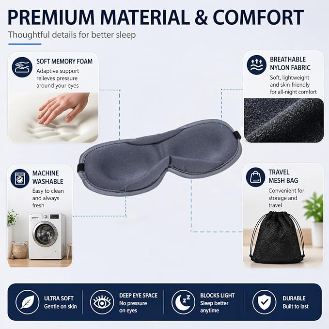Ultra-Thin 3D Sleep Mask for Side & Back Sleepers, 100% Light Blocking Eye Mask for Sleep, Zero Pressure, Soft & Breathable Night Blindfold for Men & Women, Travel & Plane (Gray)