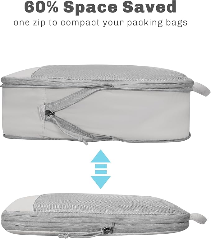 Hynes Eagle 6 Set/ 4 Set/ 2 Set Compression Packing Cubes Travel Essentials Lightweight Nylon Luggage Suitcase Organizer Bag Light Grey 6PCS