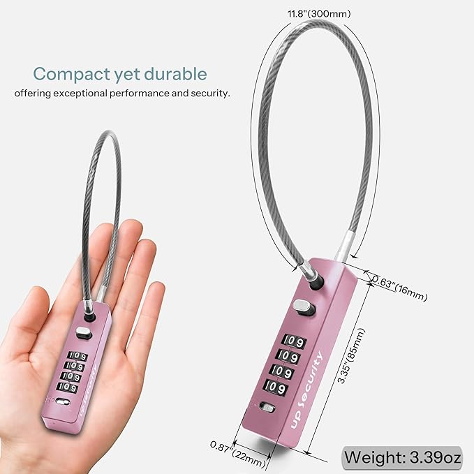 4 Digit Combination Cable Lock for Bike Scooter Motorcycle Helmet Safe, 11.8" Cable Chain Pink, Combo Travel Lock with Code for Luggage Suitcase, Wardrobe, Fridge Door, Fence Gate, Locker