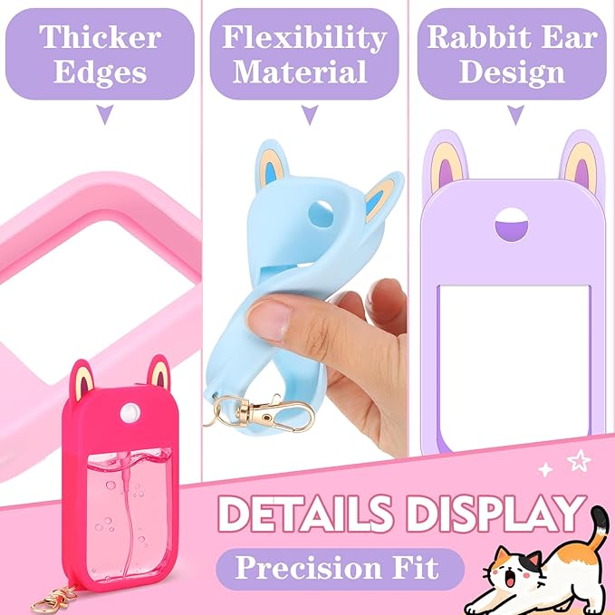 7 Pcs Silicone Case Compatible with Touchland Hand Sanitizer Spray, Cute Bunny Ear Protective Spray Holder Travel Size with Keychain Set for Power Mist & Glow Mist 1 fl oz, Hand Sanitizer Accessory