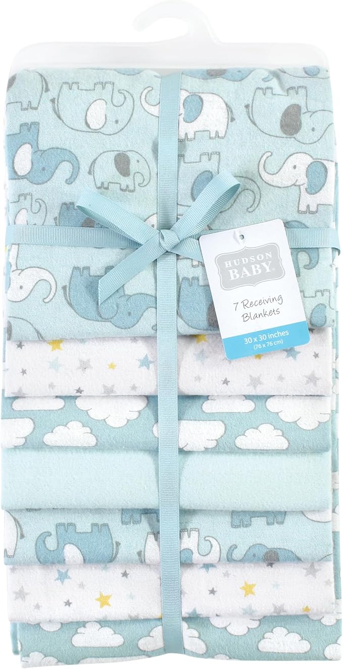 Hudson Baby Unisex Baby Cotton Flannel Receiving Blankets Bundle, Boy New Elephant, One Size