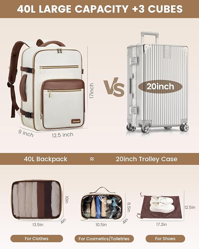 LOVEVOOK Travel Backpack For Women,40L Carry On Backpack Flight Approved,TSA Personal Item Travel Bag Fits 17 Inch Laptop,Business Weekender Overnight Daypack with Toiletry Bag and Cube,White brown