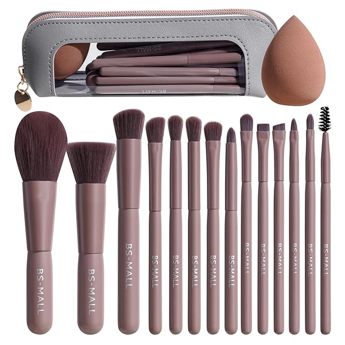 BS-MALL 14 Pcs Makeup Brushes Set with 1 Pcs Makeup Sponge – Essential Foundation Powder Concealers, Eye Shadows, Blush Makeup Brushes with Travel Makeup Case (Brown)