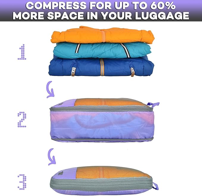 12 Pc Set Compression Packing Cubes - WONGLE His and Hers Family Travel Organizer Compressible Packing Cubes for Suitcases, Luggage Organizer Bags, Travel Accessories, Shoe Bag (Purple/Grey)