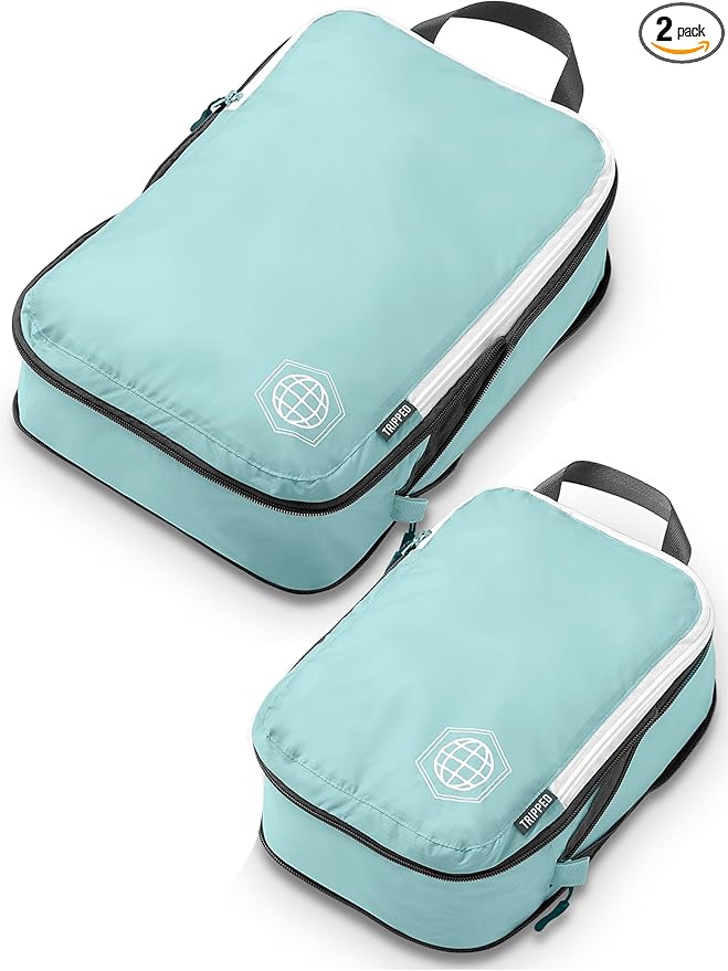 Compression Packing Cubes for Travel, 2-Piece Lightweight Packing Cubes Set for Carry-On Luggage & Backpacks – TRIPPED Travel Gear (Dusty Teal/White)