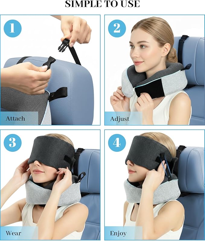 Travel Pillow for Long Flight Airplanes, Head Strap Combo & Eye Mask for Sleep, Airplane Neck Pillow with 360° Support Memory Foam to Prevent Head Bobbing, Road Trip Essentials, EVA Case, Light Grey
