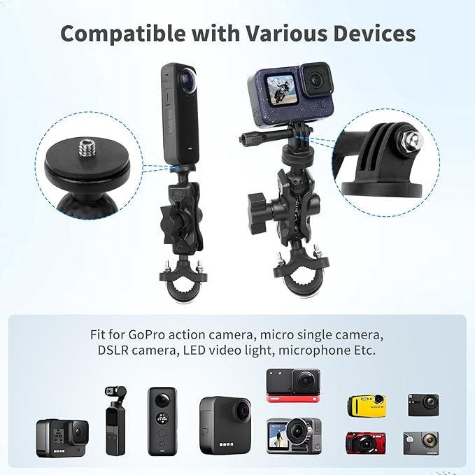 Bike Motorcycle Camera Mount Bundle Kit, 1/4 Screw & Tripod Mount Adapter, 360°Rotating Ball Head Base -Ballhead Arm Bracket Clamp for lnsta360/G0pro, Handlebar Stype(0.59"-1.38") 75013