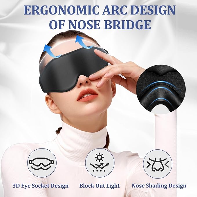 3D Deep Contoured Zero Pressure Sleep Eye Mask for Men & Women, Blackout Blindfold with Adjustable Strap for Travel, Home, Nap (Black)