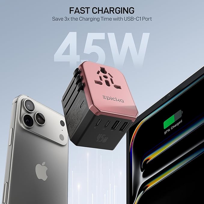 EPICKA Universal Travel Adapter GaN 45W, European Travel Plug Adapter with PD&QC Fast Charging(2 USB-A & 3 USB-C Ports) - Worldwide Travel Essentials, International Power Adapter for UK/US/AU