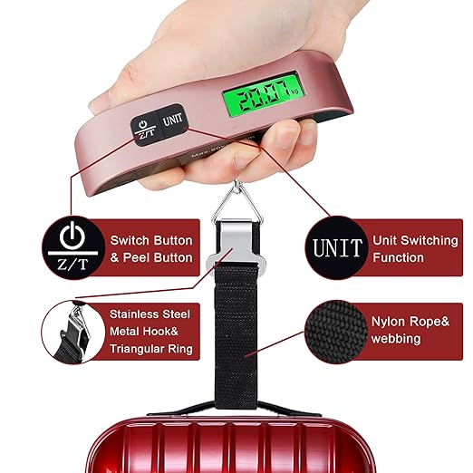 Luggage Scale, Portable Luggage Weight Scale with 2 Luggage Tags, LCD Weight Display and 4 Unit Switching Functions, 110lb Luggage Scale Travel Digital for Luggage, Travel,Backpacks, Handbags(Pink)
