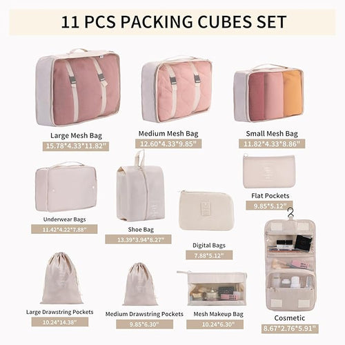 11 Set Packing Cubes for Travel Essentials, Suitcase Organizer Bags for Airplane Road Trip Camp - Beige