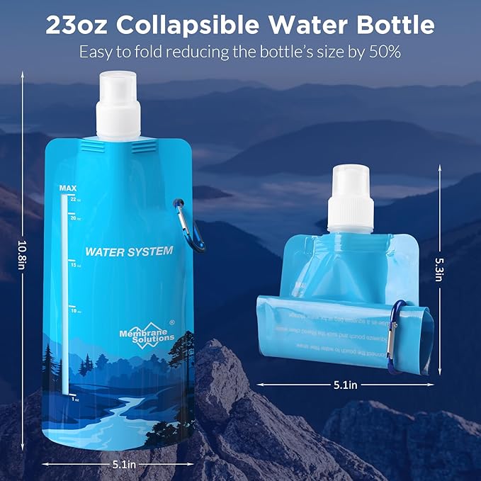 Membrane Solutions Collapsible Water Bottle 23oz, Foldable Pouch Water Bottle with Carabiner, BPA-Free, Leakproof for Traveling Camping Hiking Cycling Yoga Sports Outdoor Essentials