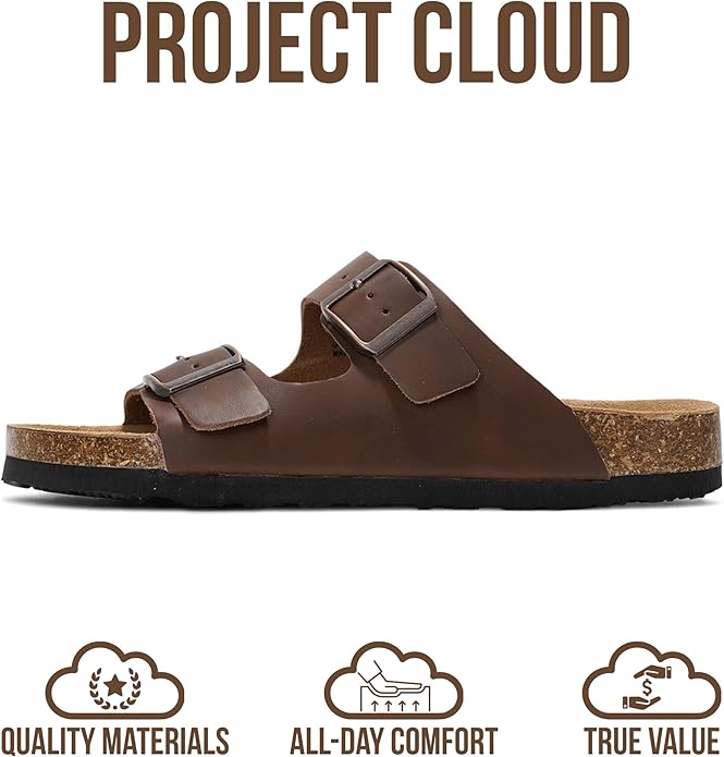 Project Cloud 100% Genuine Leather Flat Sandals For Women 2026 Cork Footbed Womens Sandals with Memory Foam and arch support Vacation Essentials Slides for Women Footwear (Venita)