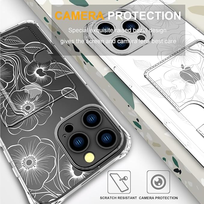 Compatible with iPhone 16 Pro Case Card Holder for Women Cute Design,Wallet Phone Cases Transparent Cool Kawaii Protective (Clear Seamless Abstract Flower)