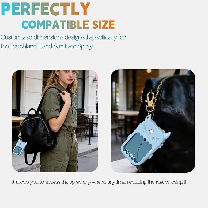 Hand Sanitizer Case Compatible with Touchland, Cute Monster Silicone Holder Keychain 1 Fl Oz, 2 Pcs Orange & Sky Blue