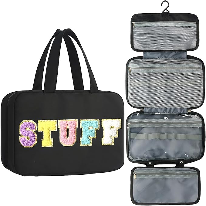 Toiletry Bag for Women Chenille Letter Makeup Bag Water-resistant Cosmetic Bag Travel Bag with Hanging Hook Preppy for Store Toiletries Cosmetic Accessories Medium Black