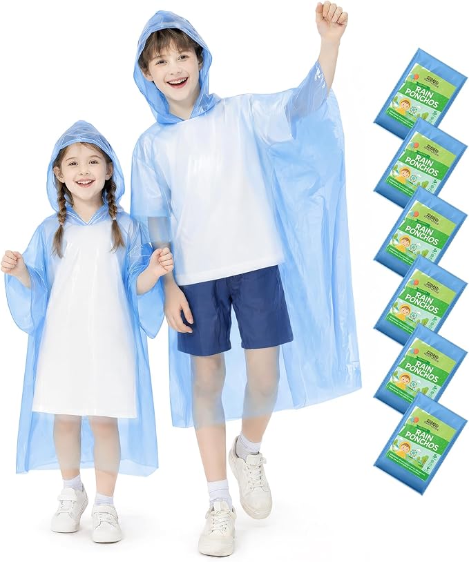 Hitituto Rain Ponchos Family Pack Kids– 6/12/24 Pack Disposable Poncho with Hood, Clear & Assorted Colors, Home Survival Kits