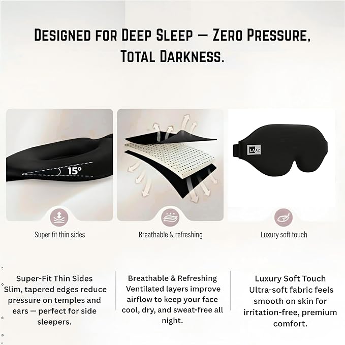 Sleep Eye Mask for Side Sleepers, 3D Contoured Blackout Blindfold for Women & Men, Soft Memory Foam Silk Sleep Mask, Adjustable Light Blocking Eye Cover for Travel, Nap, Cooling Comfort