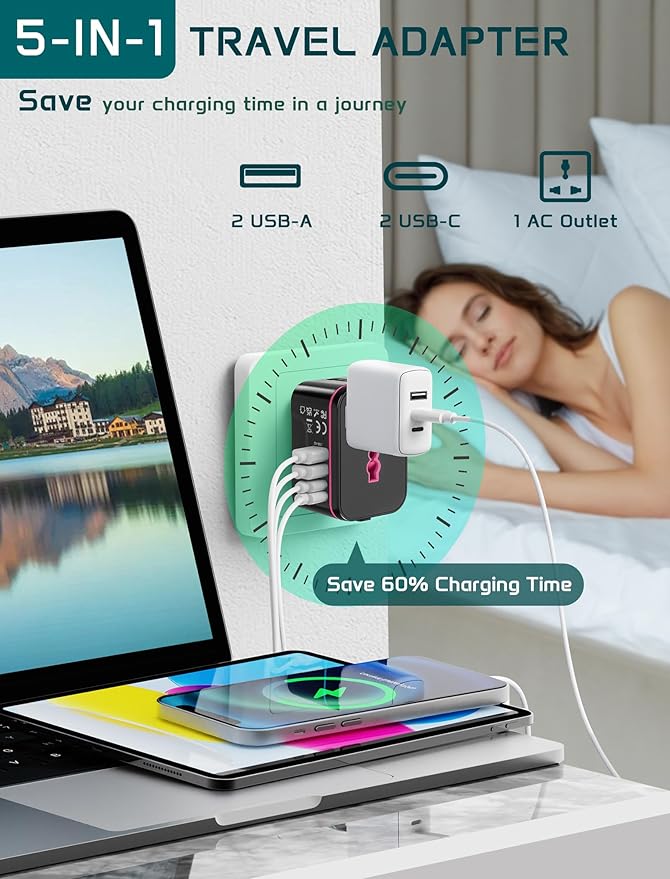 Universal Travel Adapter Worldwide, TECSIX European Travel Plug Adapter with 2 USB C, 2 USB A and Multi AC Outlets, International Power Converter for EU US UK AUS 200+ Countries Type A C G I
