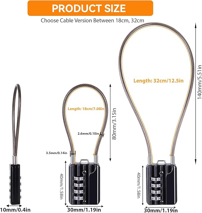 SEPOX® Compact Design Resettable Combination Padlock 4 Digit, 30mm 1-3/16" Width Body, Extra Long 16cm Cable Lock for Suitcase, Travel, Gym Lockers, Helmet, Cabinets, Case, Fence, Pack of 4 Black