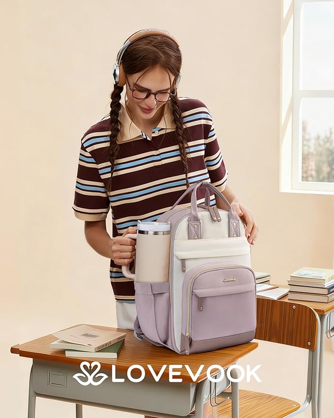 LOVEVOOK Laptop Backpack Women with Giant Tumbler Holder Pocket,18.4 inch School College Book Bag Nurse Teacher Backpack,Work Travel Backpack Laptop Computer Bag,Light purple-Off-white-Pinkish purple