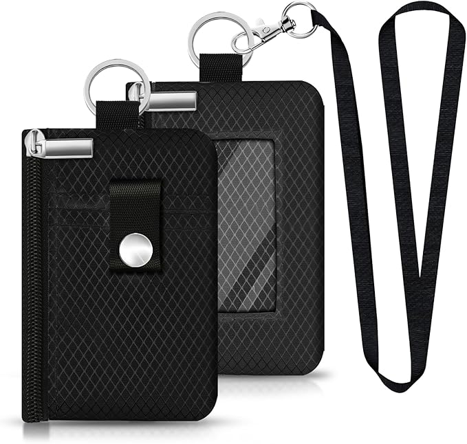 Minimalist RFID Blocking Small Wallet with ID Window,WaterResistant Zip Id Case Wallet with Lanyard Keychain for Cards,Cash,Travel,Women,Men (Black)