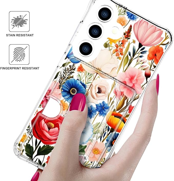 Compatible with Samsung Galaxy S24 / S25 Case Card Holder for Women Cute Design,Wallet Phone Cases Transparent Cool Kawaii Protective (Clear Flower Art Rose Peony)