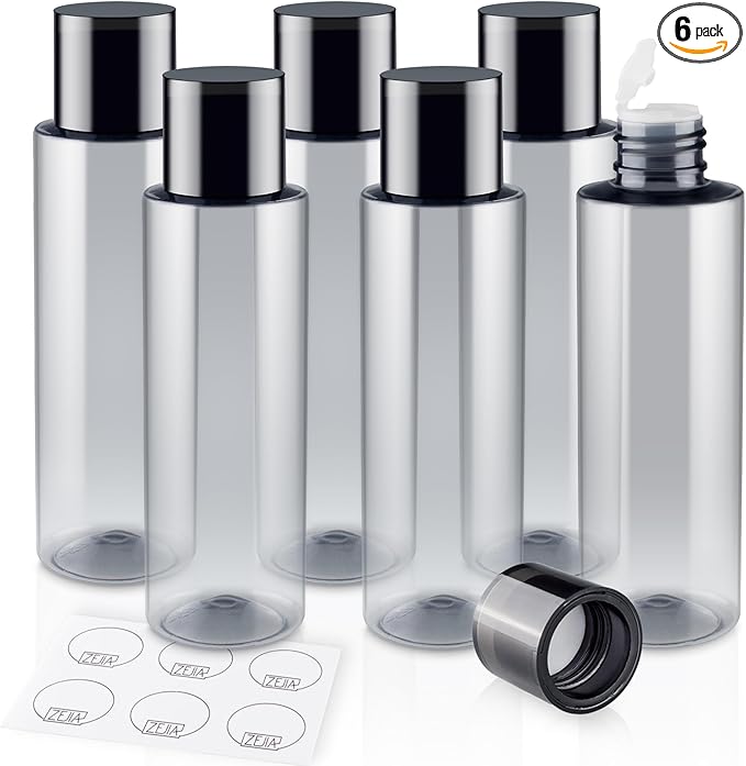 ZEJIA 150ML/5OZ Travel Size Toiletries, 6 Pack Travel Size Containers, Leak Proof Plastic Bottles for Shampoo, Lotion, Body Wash with 6pcs Labels