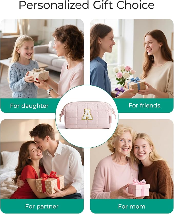 BAGSMART Birthday Gifts Personalized Initial Makeup Bag, Trendy Stuff Gifts for Women Bridesmaid Graduation, Puffy Padded Make Up Bags for Women, Wide-open Toiletry Bag, Pink E