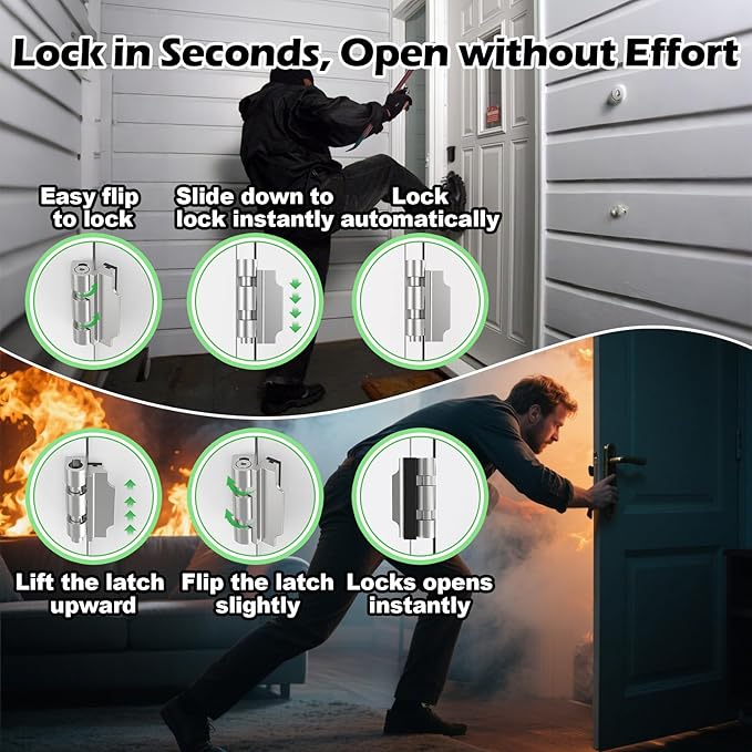 Home Security Door Lock, Upgraded Non-Spring and Flip Design for Easy to Open, Withstands 1200 lbs Force, Childproof Door Reinforcement Lock for Inward Swinging Doors, Silver, 1 Pack