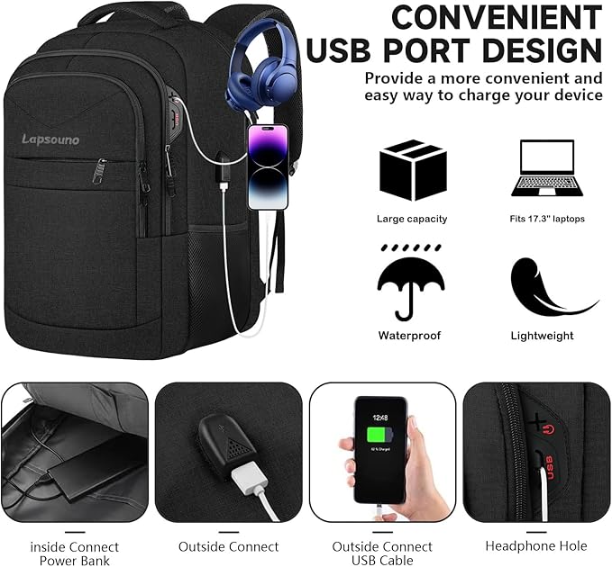 Lapsouno 17 Inch Laptop Backpack, Carry On Travel Backpack, Durable Extra Large TSA Business Backpack with USB Port, Water Resistant Anti Theft Gift for Men Women, Black