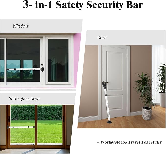 2 Pack Door Stoppers Security Bar, Heavy Duty Sliding Door Lock, Adjustable 21"-49" Safety bar for Sliding Glass, Hinged Doors, Window & Patio, Door Jammer for Home, Apartment, Hotel, Travel (White)
