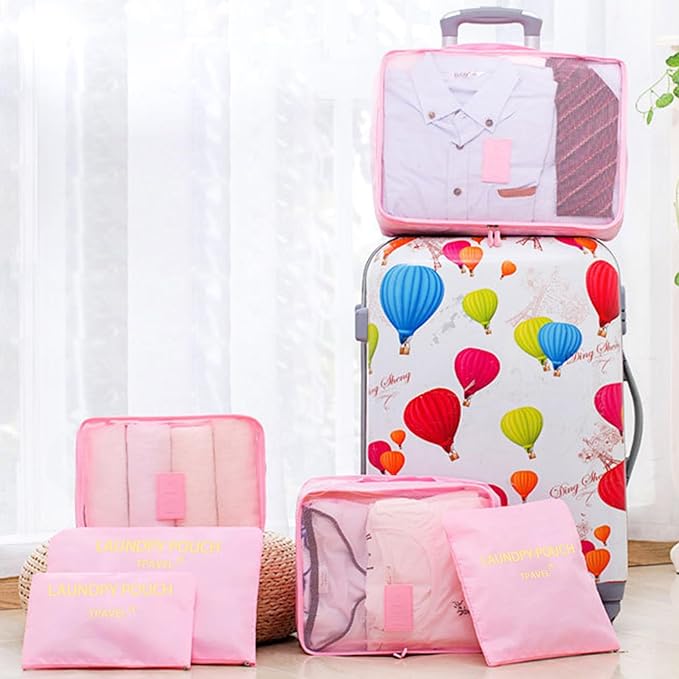 12 Set Packing Cubes for Travel Luggage Packing Bags Reusable Waterproof Suitcase Organizer Bags Set with Shoe Bag and Toiletry Bag (Black+Pink)