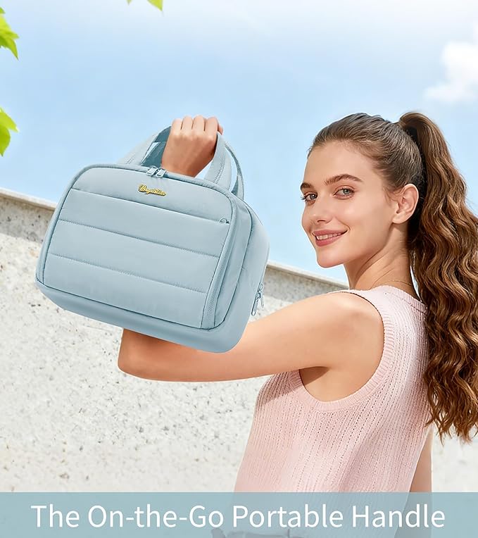 Bagstellar Travel Toiletry Bag for Women, Lightweight Large Quilted Puffy Makeup Bag Wide-open Make up Organizer Cloud Cosmetic Bag w/Handle for Traveling Toiletries Essentials Accessories Light Blue
