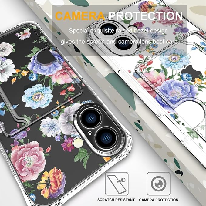 Compatible with iPhone 17 Case Card Holder for Women Cute Design,Wallet Phone Cases Transparent Cool Kawaii Protective (Clear Amazing Lovely Flowers)