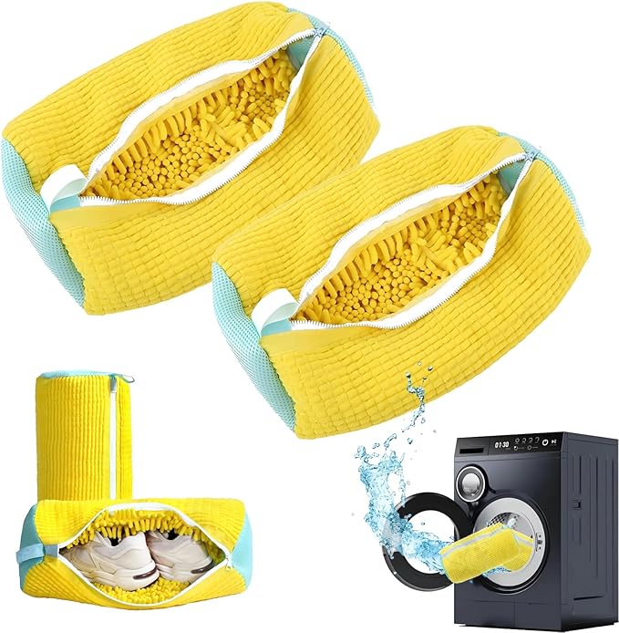 2 Pack Shoe Washing Machine Bag Shoe Washing Bag Shoe Mesh Laundry Bags Shoe Bags for Travel Reusable Shoe Cleaning Bag for All Shoe Sizes (Yellow)