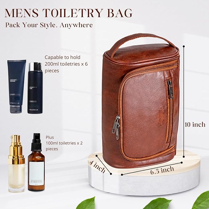 Mens Toiletry Bag,Compact Dopp Kit for Men Travel, PU Leather Shaving Kit, Water-Resistant Minimalist Organizer with Wrist Strap, Travel Toiletry Bag, Gift for Men,Large 10x6.5x4 Mocha Brown
