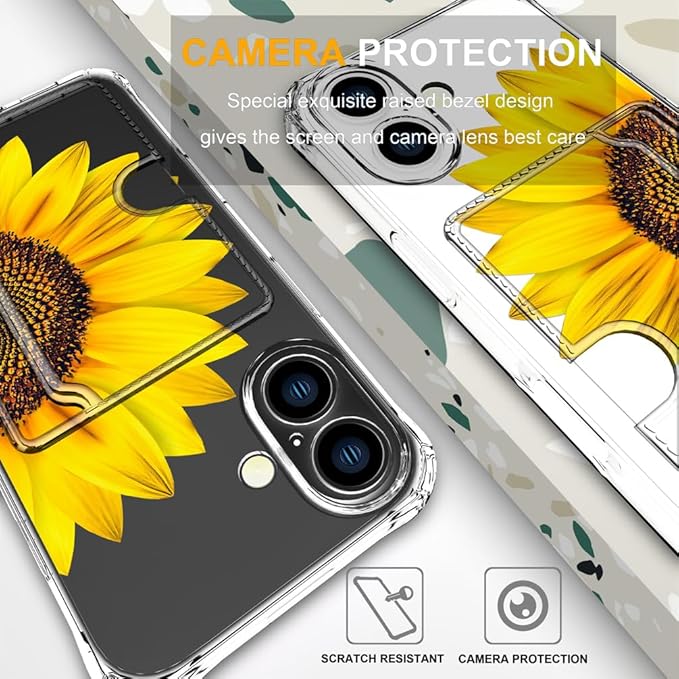 Compatible with iPhone 16 Plus Case Card Holder for Women Cute Design,Wallet Phone Cases Transparent Cool Kawaii Protective (Clear Sunflower Sun Flower)