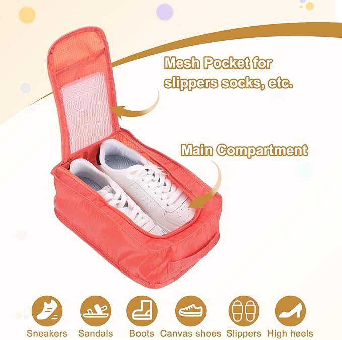 Foldable Travel Shoe Bag, Waterproof Shoe Pouches Organizer with Handle Travel Packing Cubes -Fitting for Storing (Sneakers/Sandals/Fitness Shoes) 2 Pcs & Pink