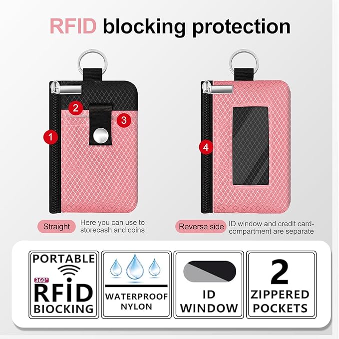Minimalist RFID Blocking Small Wallet with ID Window,WaterResistant Zip Id Case Wallet with Lanyard Keychain for Cards,Cash,Travel,Women,Men (Pink/Black)