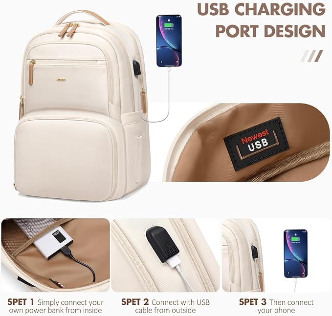 MDODO Lunch Backpack for Women Men,15.6Inch Insulated Lunch Box Backpack with USB Charging Port, Diaper Laptop Back pack for Travel Picnic Work Teacher Nurse,Beige
