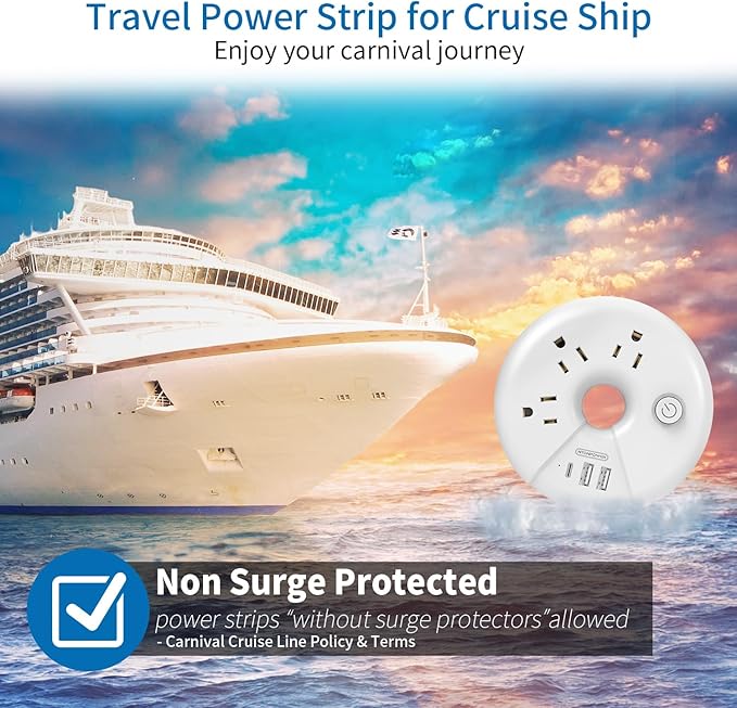 Travel Power Strip, NTONPOWER 3 Outlets 3 USB(1 USB C) Cruise Approved Power Strip, Short Extension Cord 3ft, Travel Essentials for Home, Hotels, Cruise Ship, Vacation, White, i-Donut