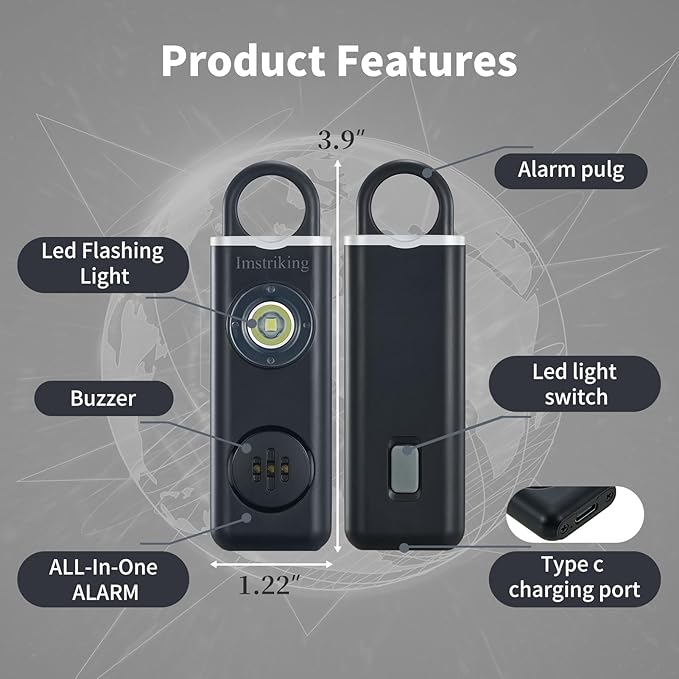 Rechargeable Personal Safety Alarm Keychain for Women,Self Defense Keychain Alarm with Strobe Light and 130dB Siren Help Women,Men,Elderly, Emergency Security Whistle Alert (Black)