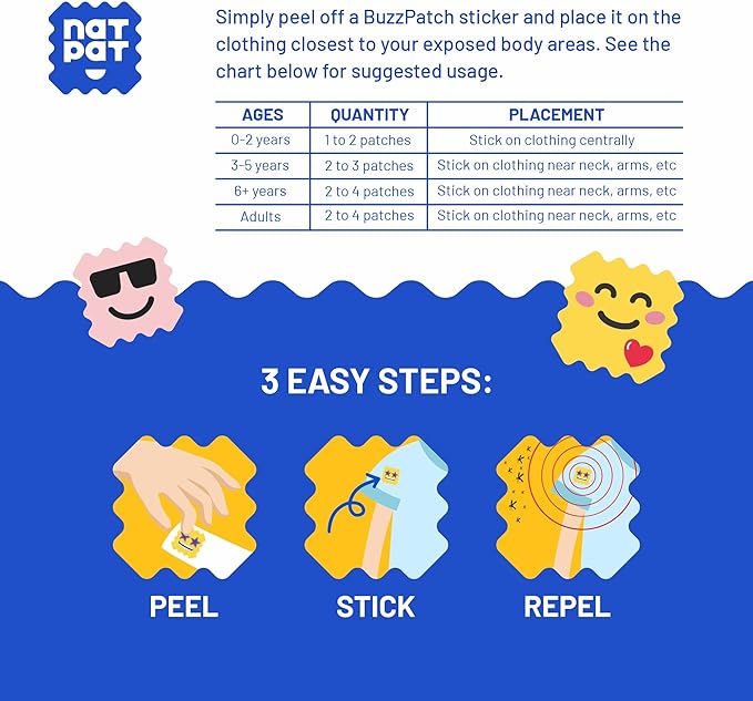 NATPAT BuzzPatch Mosquito Patch Stickers for Kids - All Natural, Plant Based Ingredients, Non-Toxic, DEET Free, Citronella Insect Patches, for Toddlers, Babies, Children (3 Pack, 144 Units)