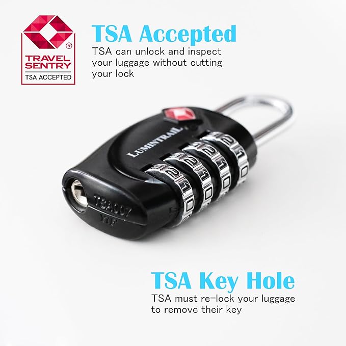 Lumintrail TSA Approved Locks, 4 Digit Combination Luggage Locks TSA Approved, Travel Locks for Luggage & Suitcase with 4-FT Steel Cable, Black, 1 Pack