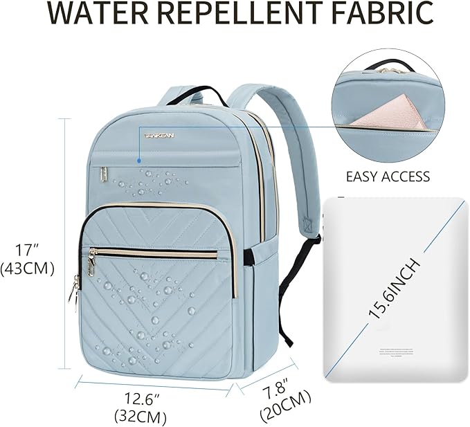 VANKEAN 15.6 Inch Laptop Backpack for Women Work Laptop Bag Fashion, Waterproof Backpacks Stylish Travel Bags Casual Daypacks for College, Business, Light Blue
