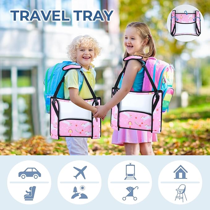 COOLBEBE Kids Travel Tray for Toddler Car Seat, Travel Tray for Airplane, Lap Tray, Carseat Table Tray for Kids, Pink Unicorn, 2 Pack